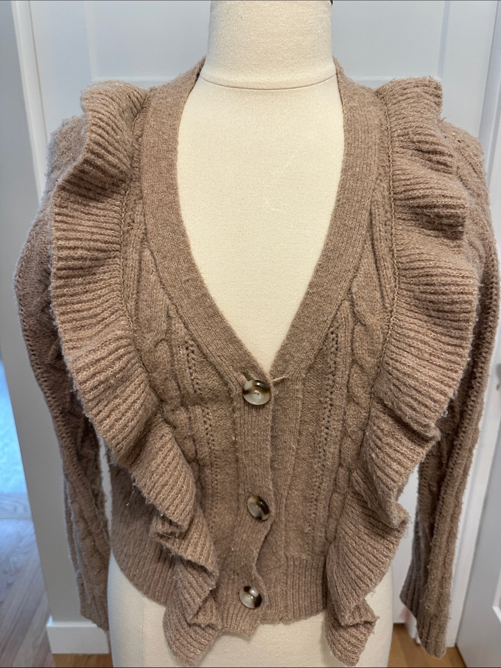 Ruffled V-Neck Cardigan Sweater - Taupe